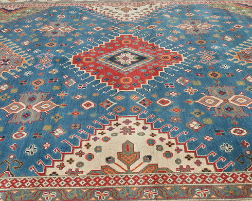 9x12 Blue Kuba Afghan Hand Knotted Wool Area Rug